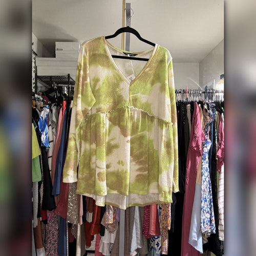A518 • Green Tie-Dye Textured Waffle Knit Babydoll V-Neck Long Sleeve Top