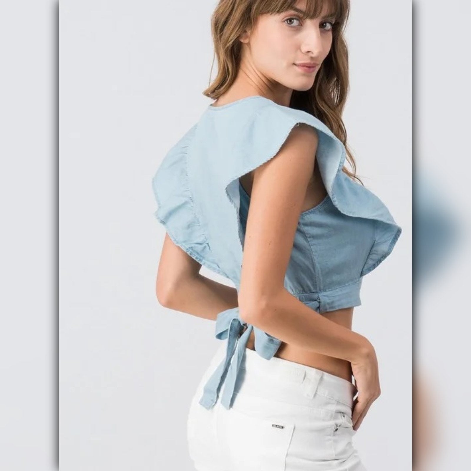 A068 • Chambray Tie Back Ruffle Crop Top