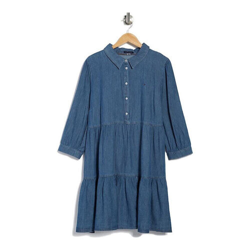 A448 • Chambray Tiered Button Front Shirt Mini Dress