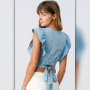 A068 • Chambray Tie Back Ruffle Crop Top