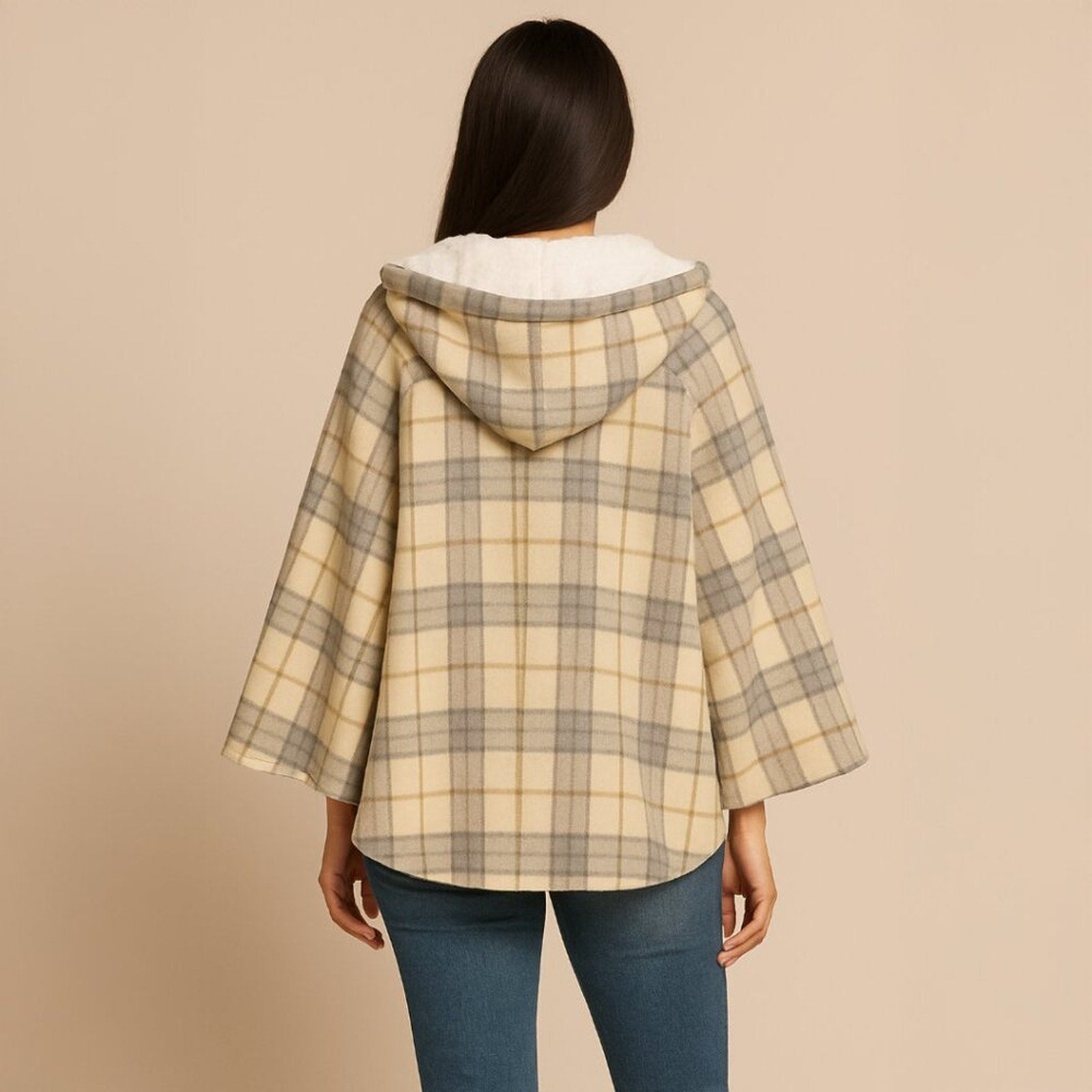 A310 • Plaid Hooded Cape Jacket with Sherpa Lining