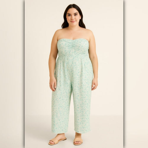 A199 • Mint Floral Strapless Wide Leg Jumpsuit