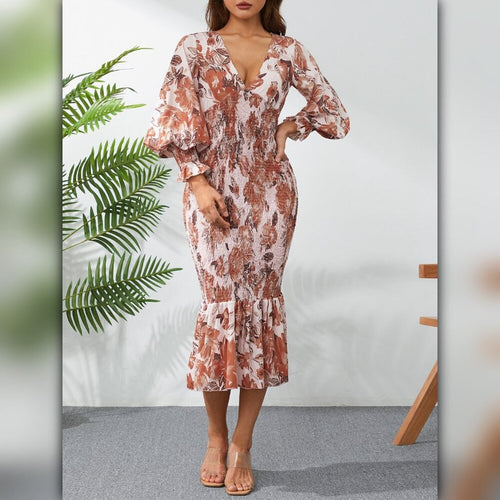 A063 • Rust Floral Smocked Mermaid Midi Dress
