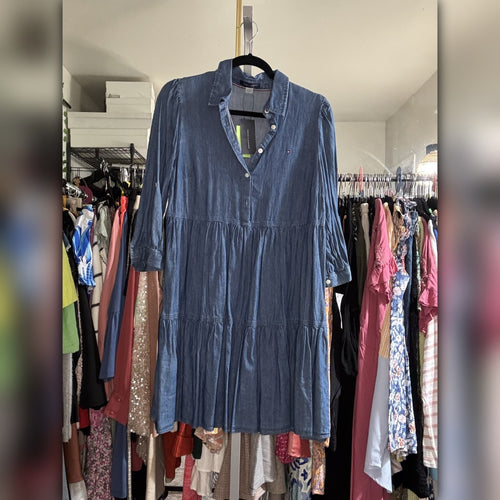 A448 • Chambray Tiered Button Front Shirt Mini Dress