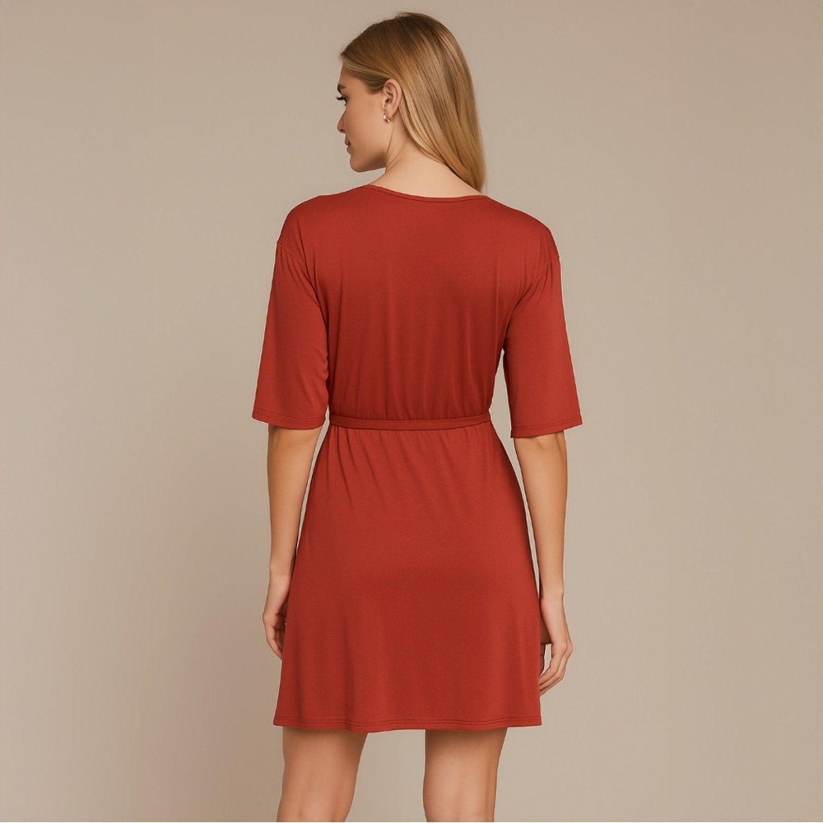 A347 • Rust Modal Wrap Tie Mini Dress