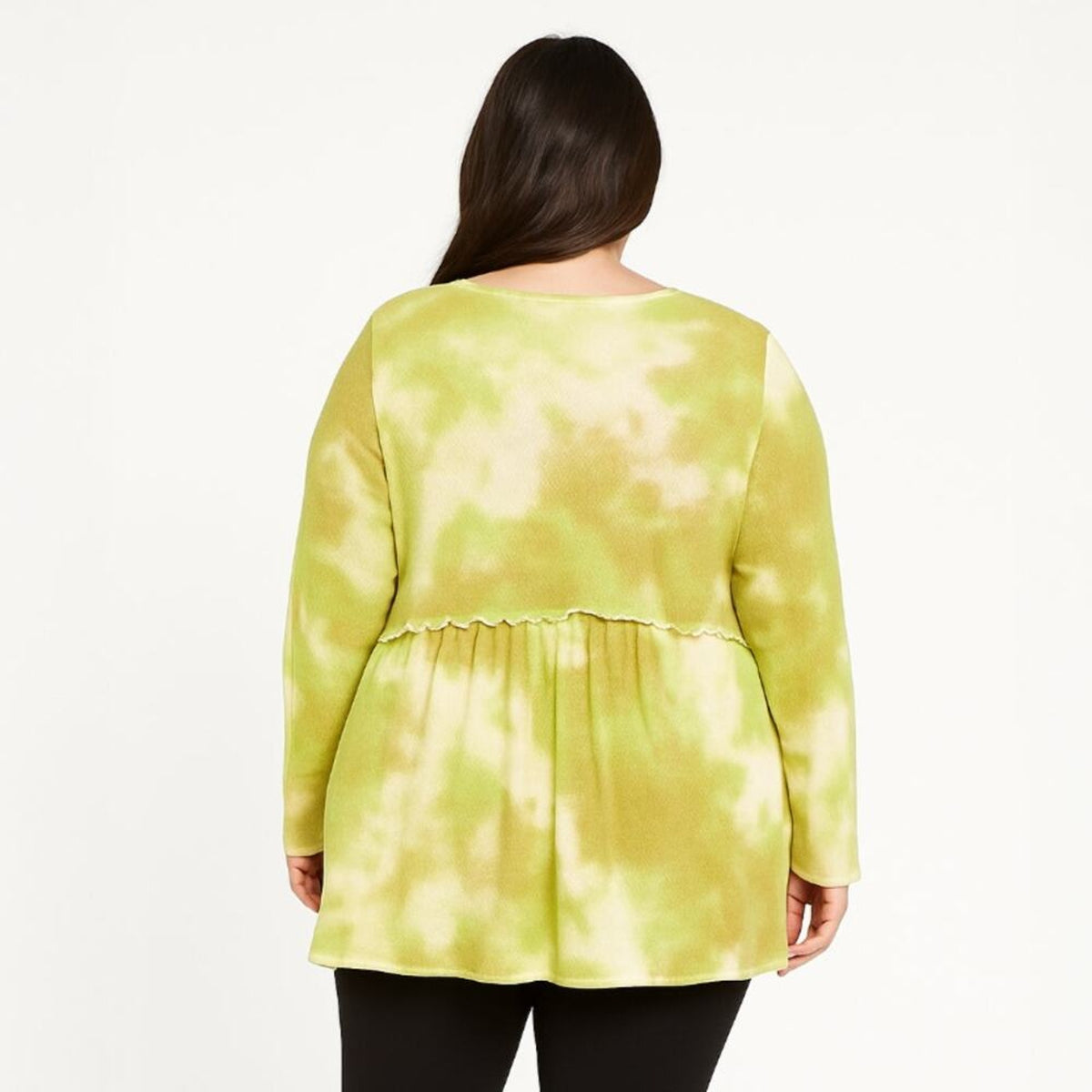 A518 • Green Tie-Dye Textured Waffle Knit Babydoll V-Neck Long Sleeve Top
