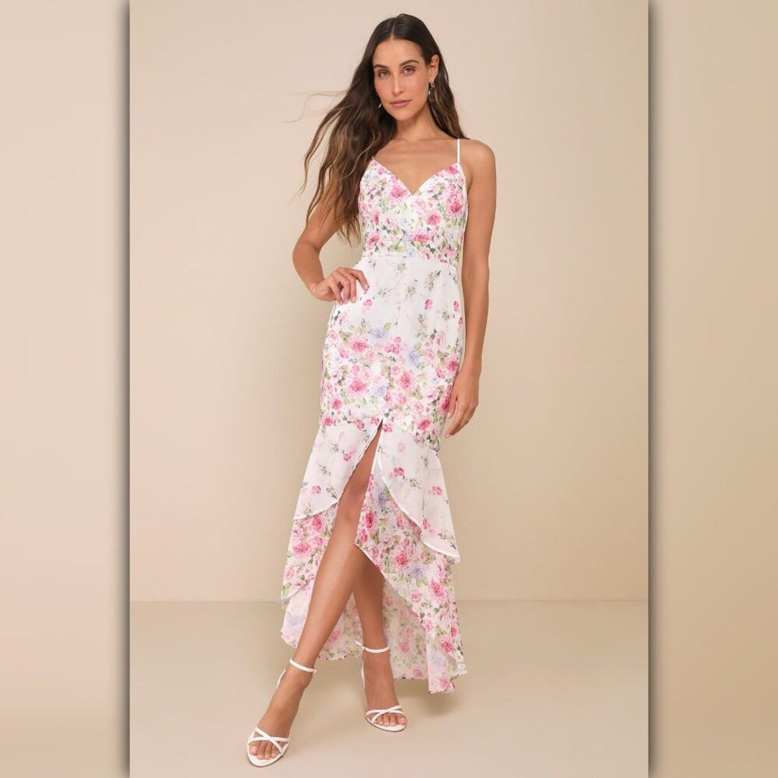 A112 • Ivory Pink Floral High Low Maxi Dress