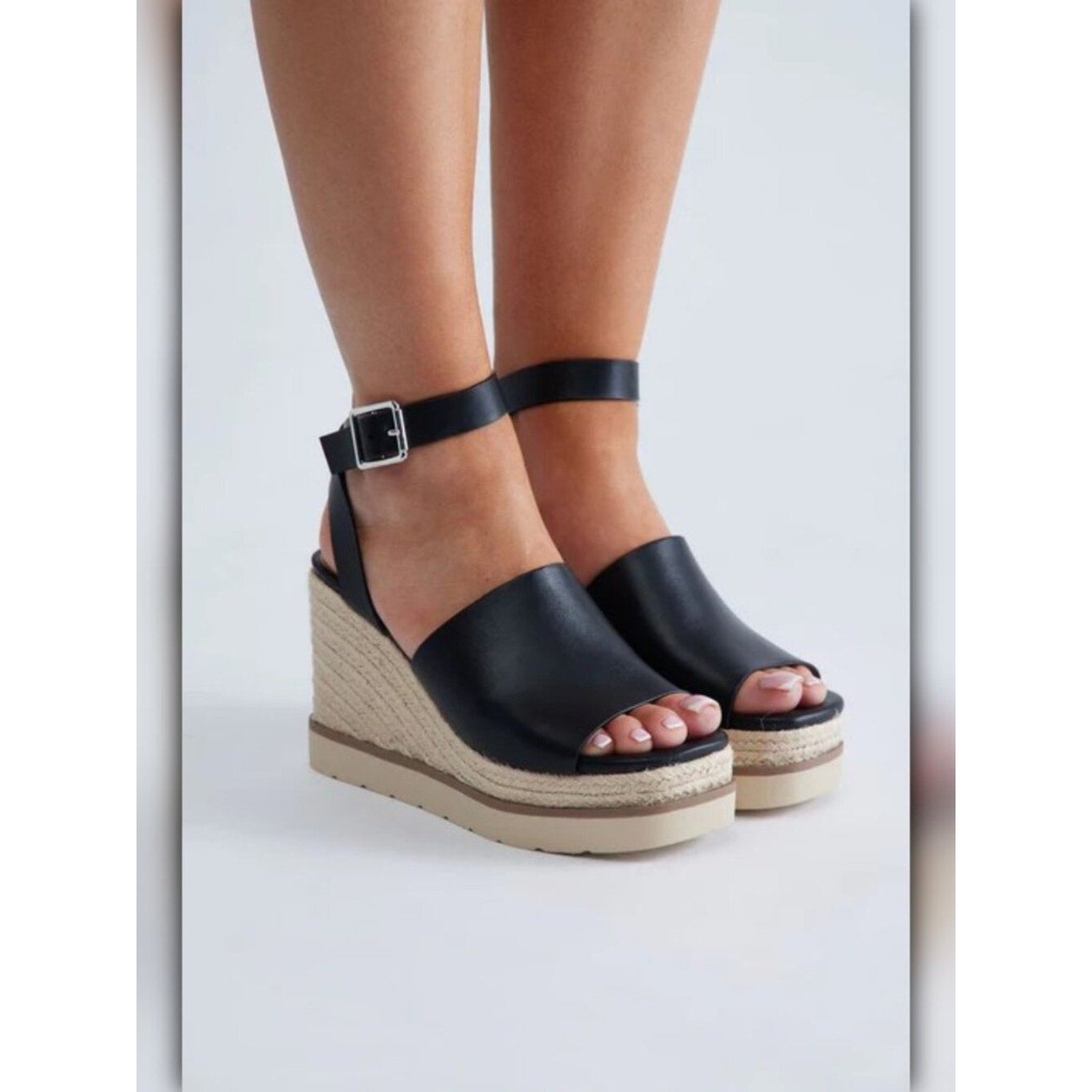 A042B • Black Espadrille Platform Wedge Sandals Cloud Feel Comfort