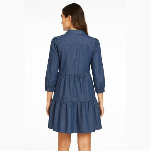 A448 • Chambray Tiered Button Front Shirt Mini Dress