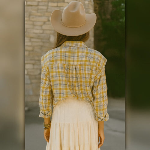 A478 • Plaid Puff Shoulder Cotton Button Down Shirt