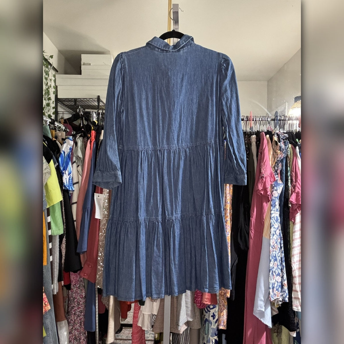 A448 • Chambray Tiered Button Front Shirt Mini Dress