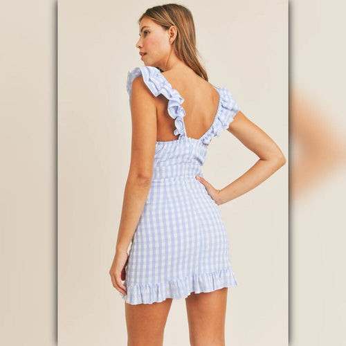 A151 • Mable Blue Gingham Ruffle Tie-Front Mini Dress