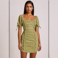 A471 • Olive Polka Dot Puff Sleeve Ruched Mini Dress