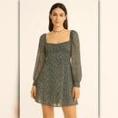 A367 • Navy Ditsy Floral Square Neck Smocked Puff Sleeve Mini Dress
