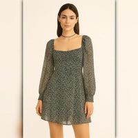 A367 • Navy Ditsy Floral Square Neck Smocked Puff Sleeve Mini Dress