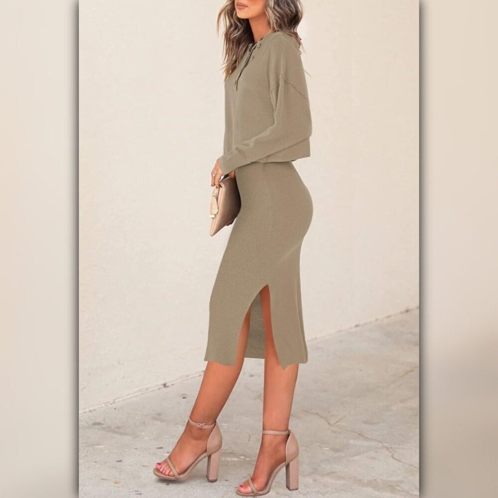 A553 • Sand Ribbed Long Sleeve Crop Top & Midi Skirt Set