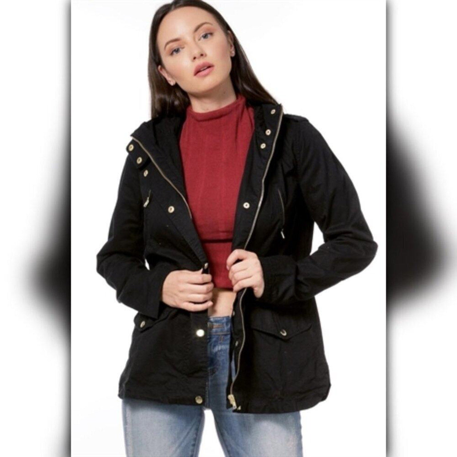 A321-B • Black Hooded Utility Jacket Lightweight Snap Zip Coat