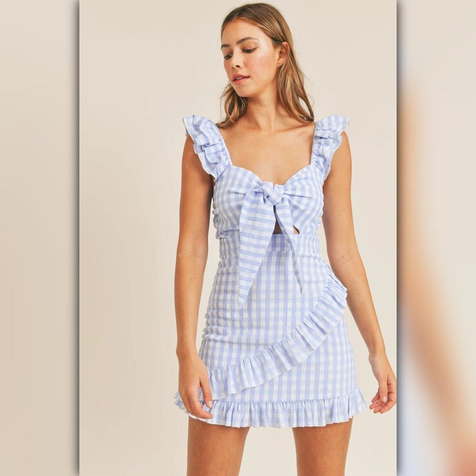 A151 • Mable Blue Gingham Ruffle Tie-Front Mini Dress