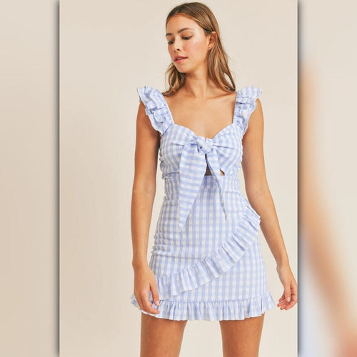A151 • Mable Blue Gingham Ruffle Tie-Front Mini Dress