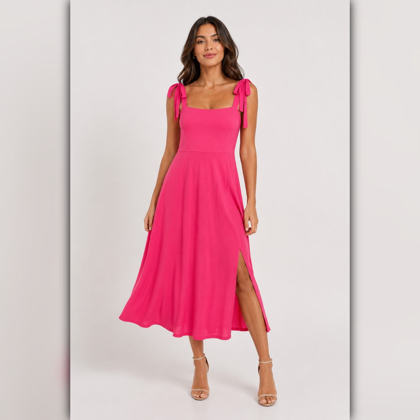 A326 • Chic Shoulder Tie Midi Dress in Hot Pink