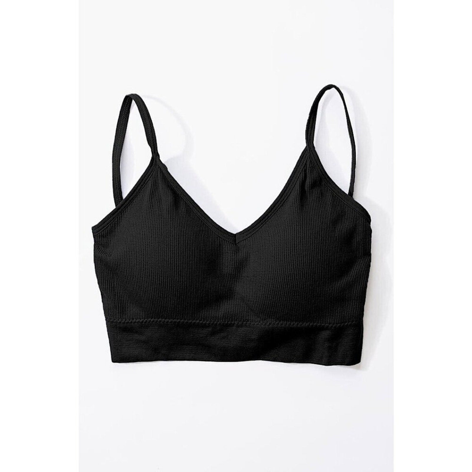 Black ribbed tank top with thin straps on a white background