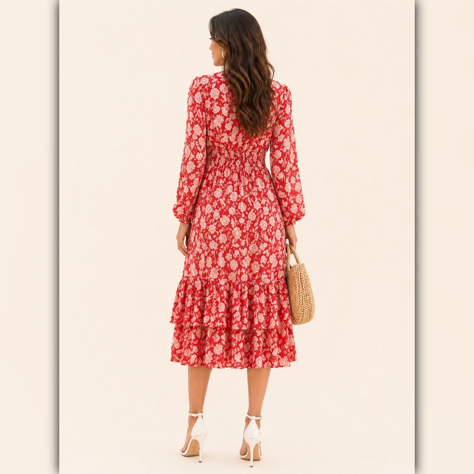 A047 • Coral Floral Tiered Midi Dress With Long Sleeves