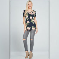 A031-A • Floral Print Lattice Detail Top