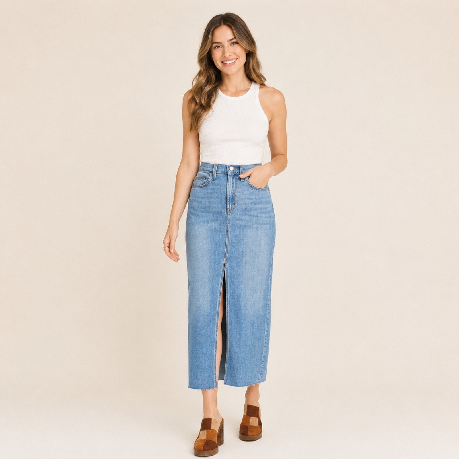 A481 • High-Rise Denim Maxi Skirt