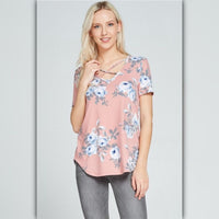 A031-B • Floral Print Lattice Detail Top