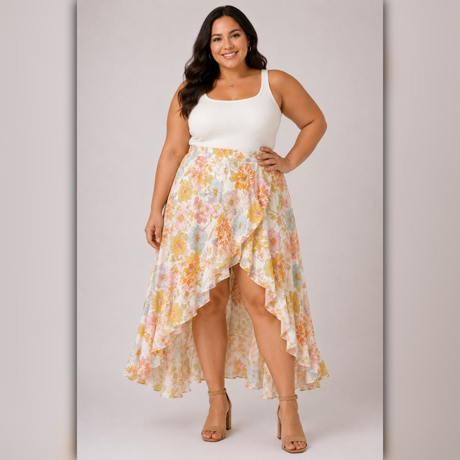 A286 • Yellow Floral High Low Ruffle Midi Skirt