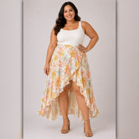 A286 • Yellow Floral High Low Ruffle Midi Skirt