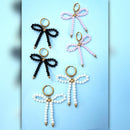 A501 • Pink Beaded Bow Drop Earrings Gold Hoop Statement