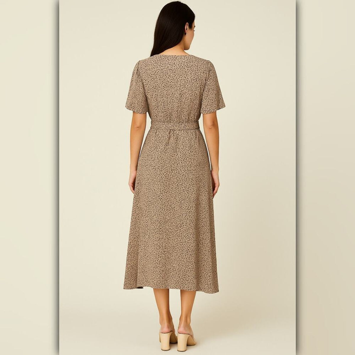 A427 • Taupe Leopard Print Tie Waist High-Low Midi Dress