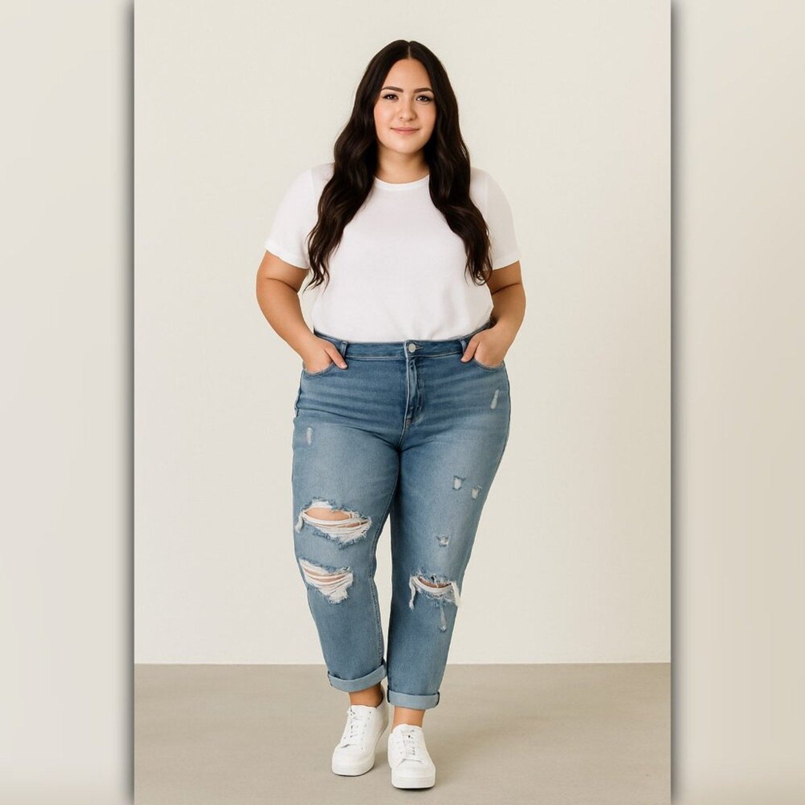 A441 • Distressed Mid Rise Boyfriend Jeans Medium Wash Denim