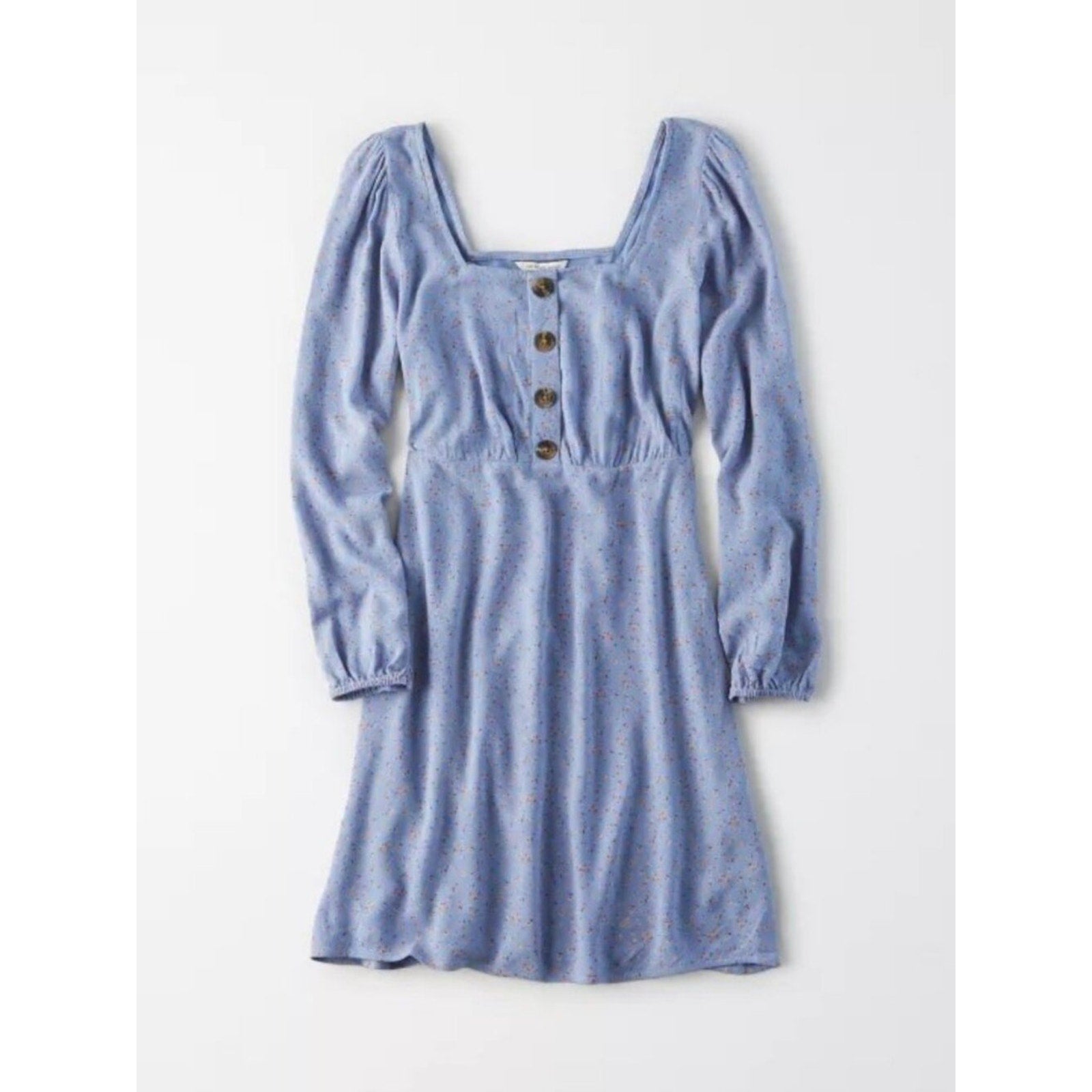 Blue long-sleeve dress with buttons on a white background
