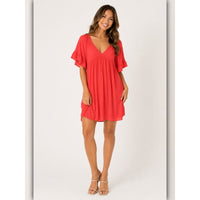 A200 • Coral Flutter Sleeve Babydoll Mini Dress