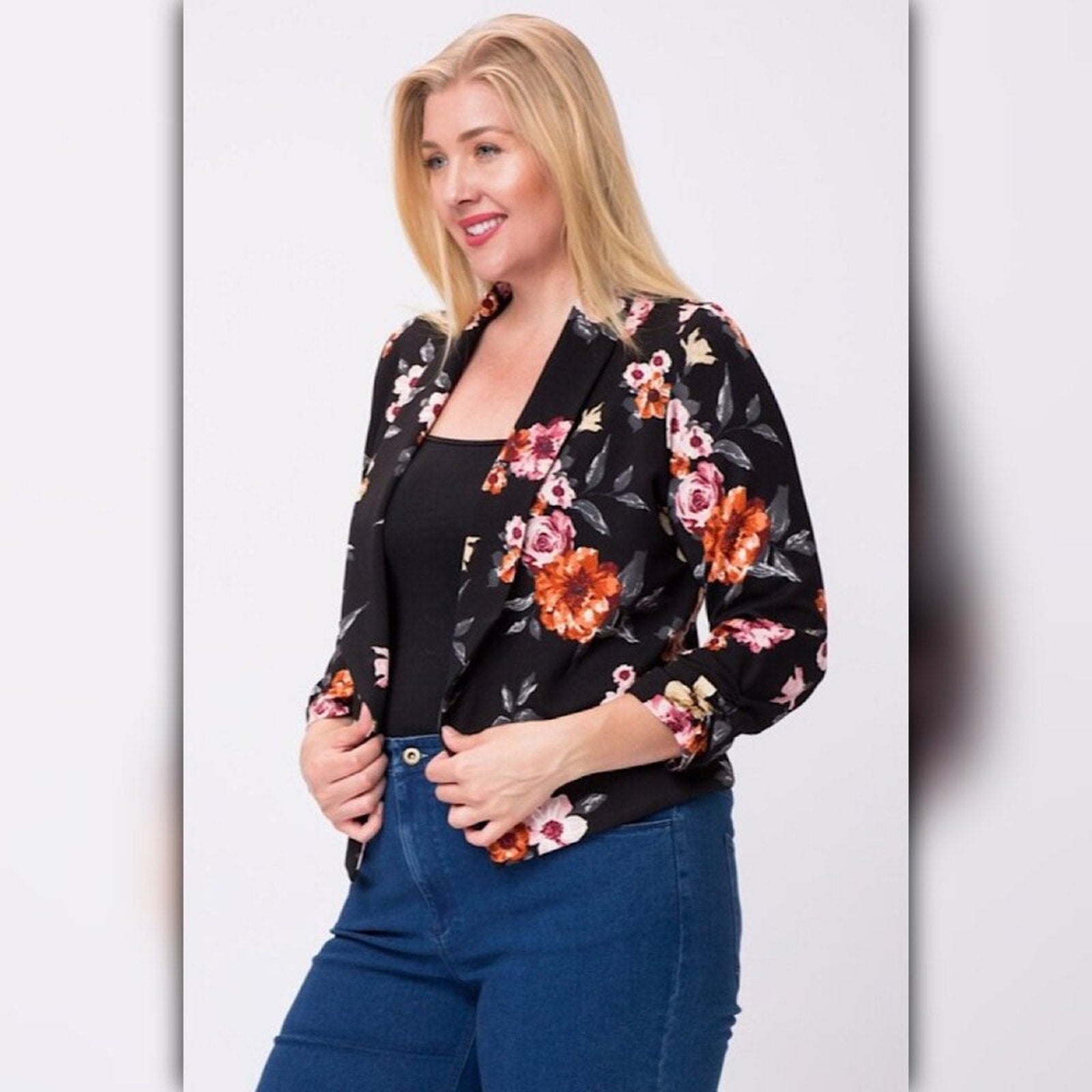 A038 • Black Floral 3/4 Sleeve Open Front Blazer