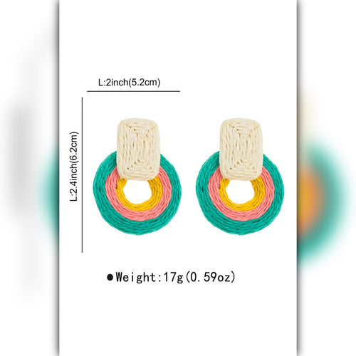 Colorful earrings with dimensions and weight information on a white background