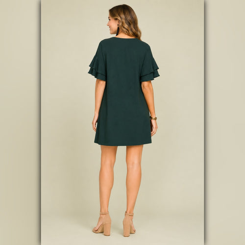 A066 • Hunter Green Ruffle Sleeve Shift Dress