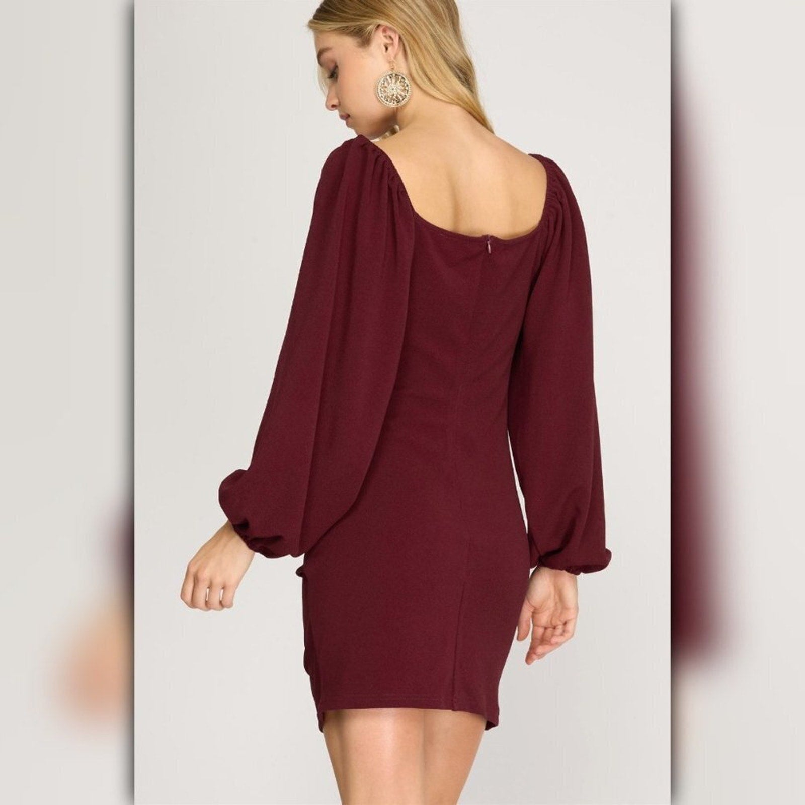 A462 • Wine Ruched Balloon Sleeve Mini Dress