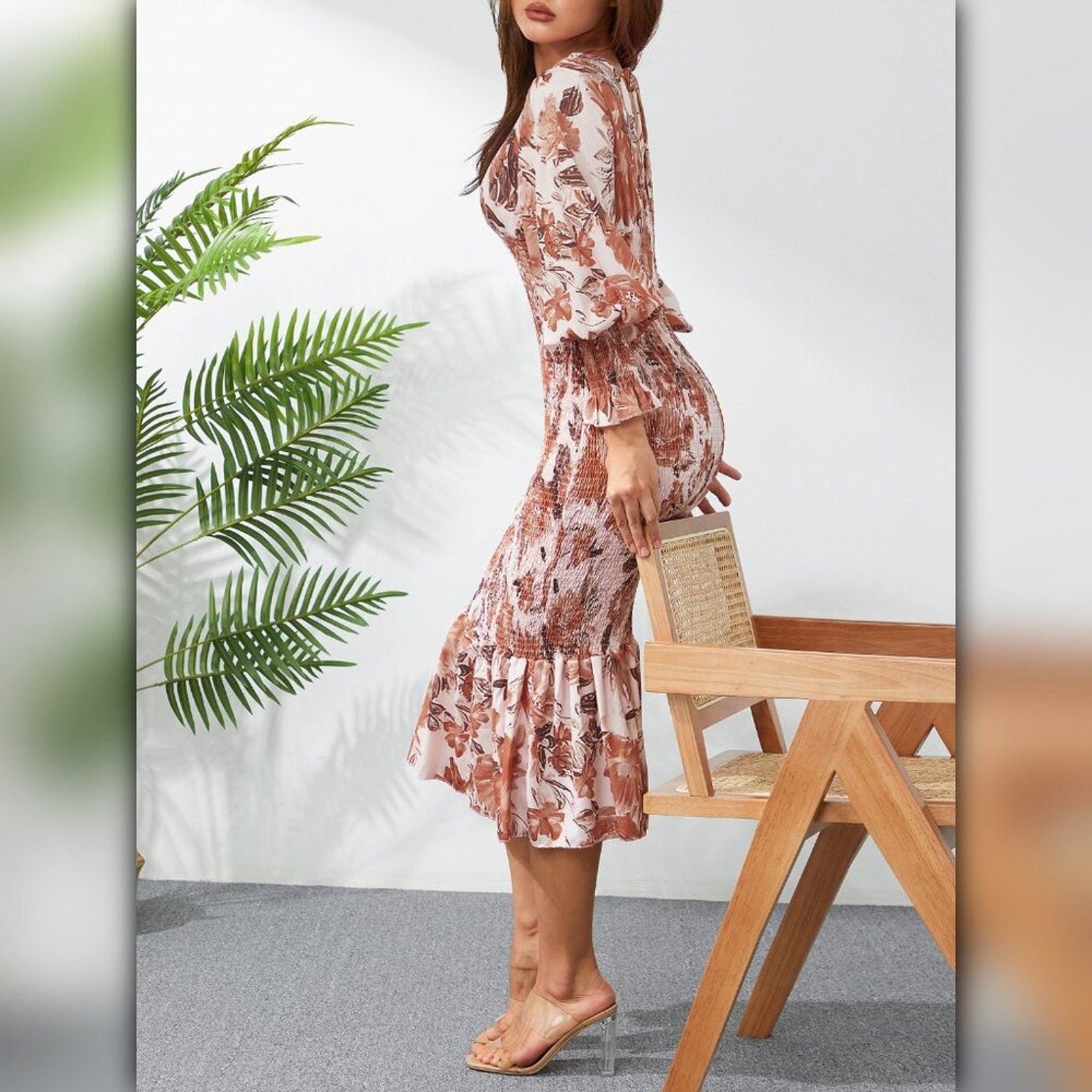 A063 • Rust Floral Smocked Mermaid Midi Dress