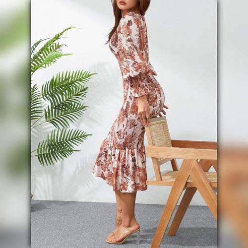A063 • Rust Floral Smocked Mermaid Midi Dress