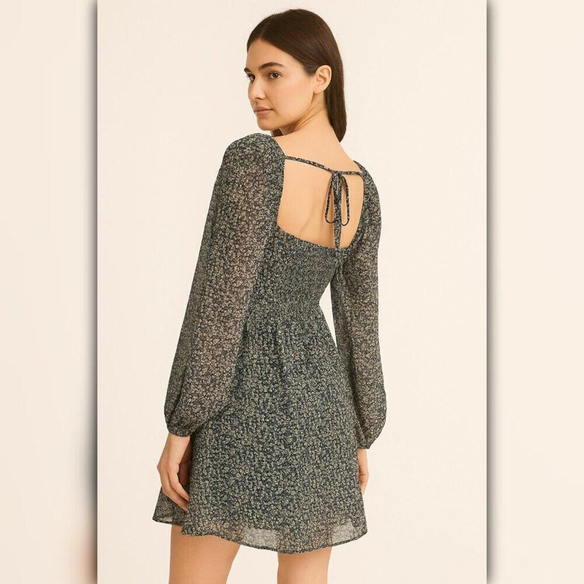 A367 • Navy Ditsy Floral Square Neck Smocked Puff Sleeve Mini Dress