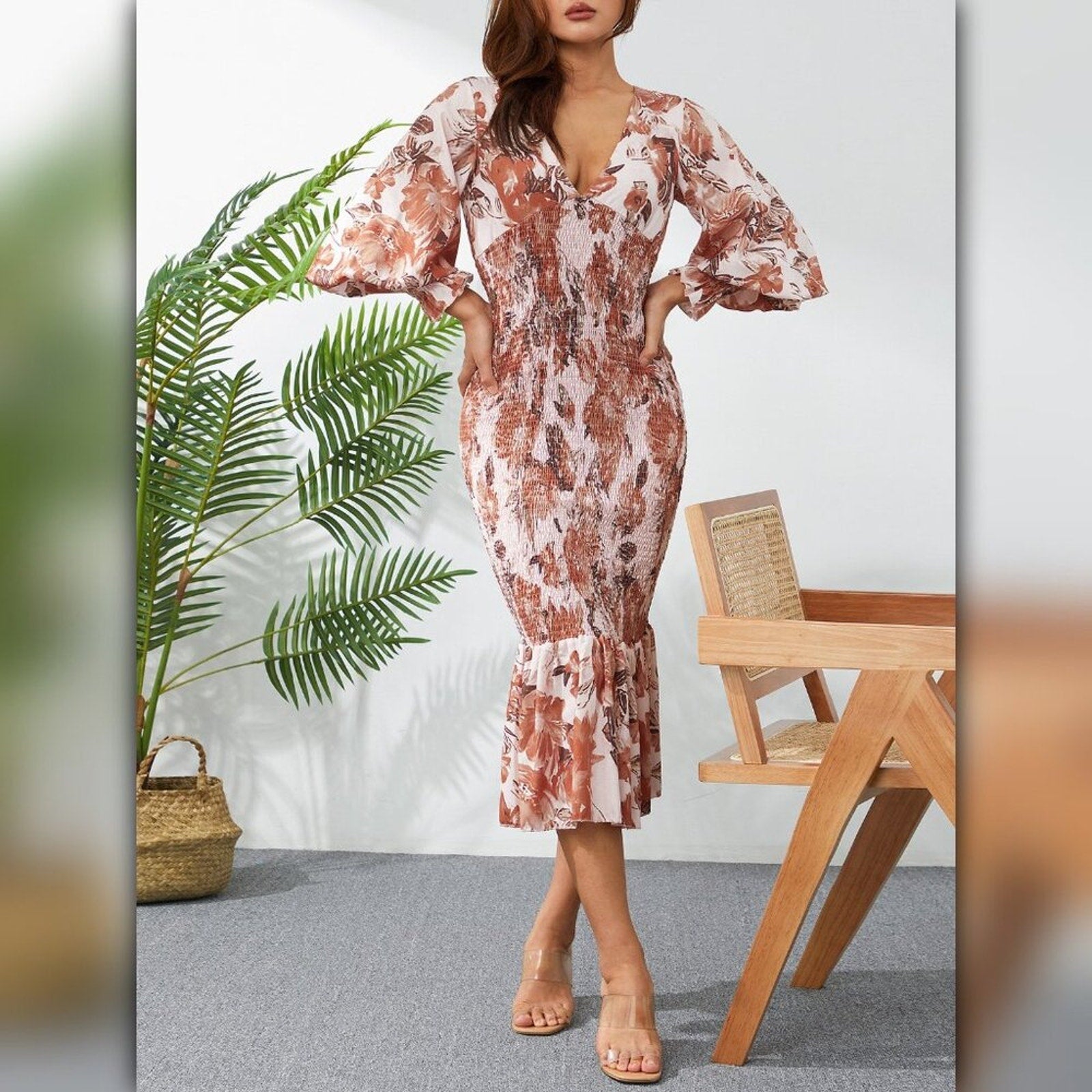 A063 • Rust Floral Smocked Mermaid Midi Dress