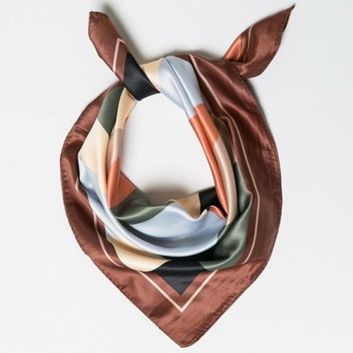 A218-M • Earth Tone Geo Color Block Silky Bandana Scarf