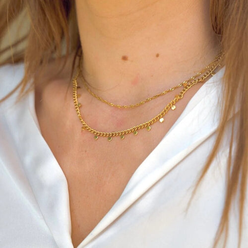 Gold chain necklace on a person wearing a white shirt