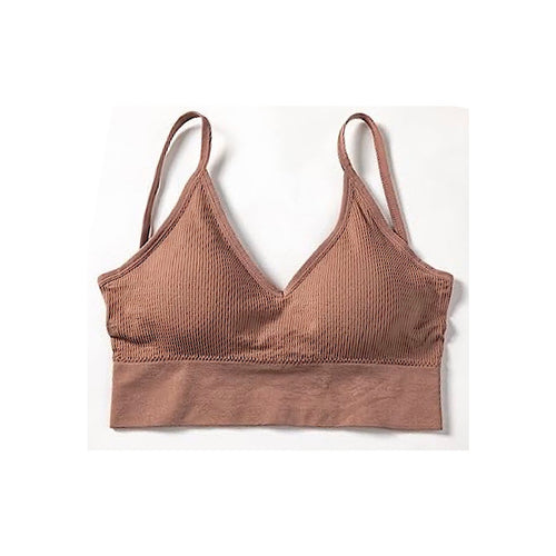 Brown ribbed bralette on a white background
