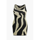 Black and beige zebra-striped dress on a white background