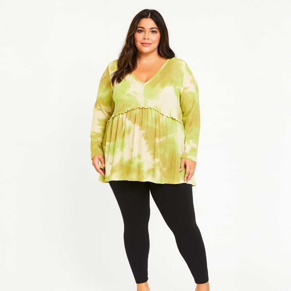 A518 • Green Tie-Dye Textured Waffle Knit Babydoll V-Neck Long Sleeve Top