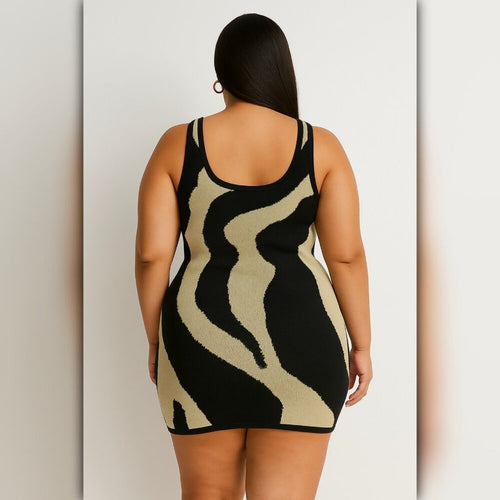 Woman wearing a black and beige patterned dress against a plain background